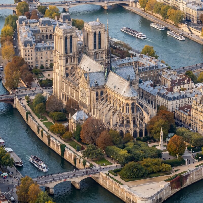 Aerial view of Notre Dame Cathedral Paris on the Ile de la Cite surrounded by the Seine River