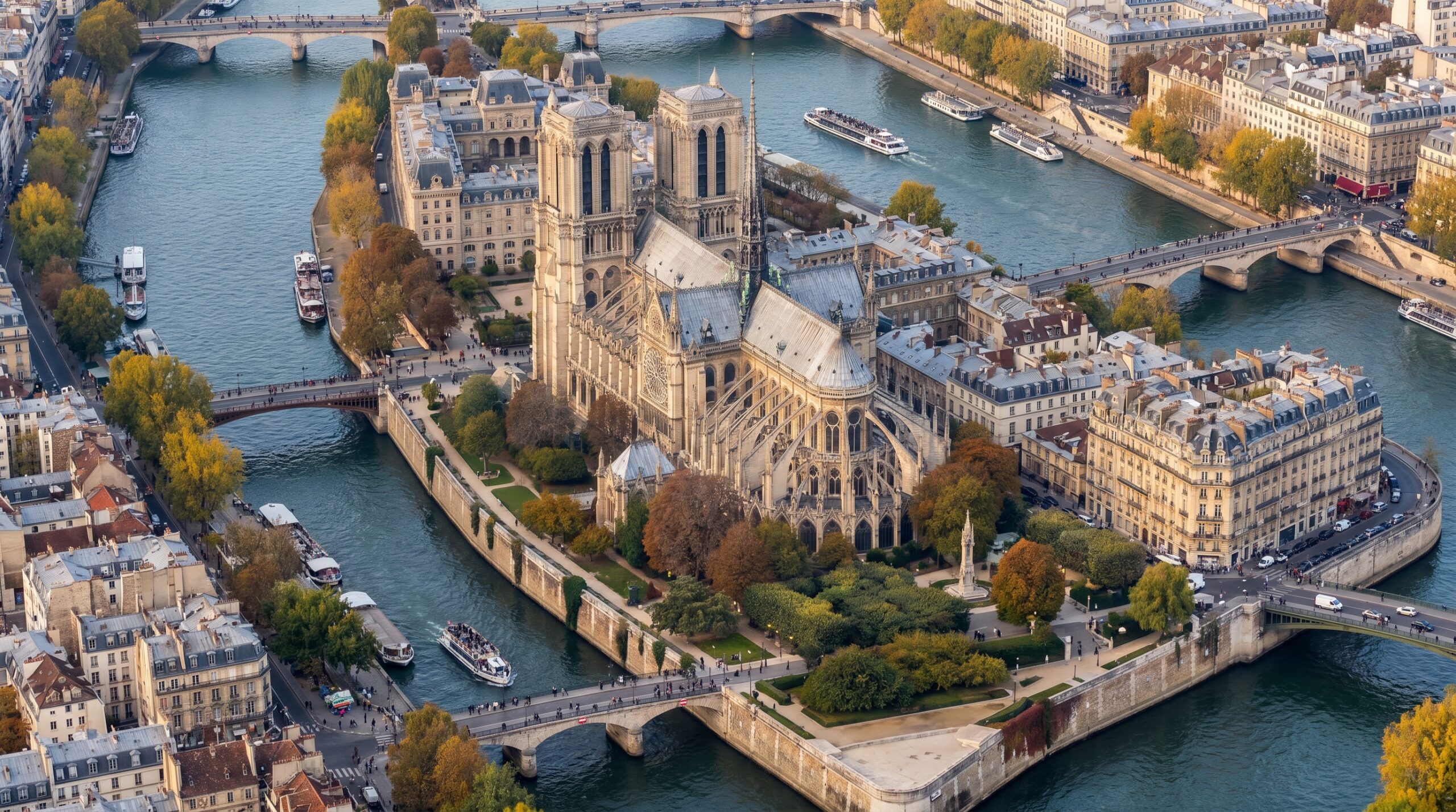 Aerial view of Notre Dame Cathedral Paris on the Ile de la Cite surrounded by the Seine River