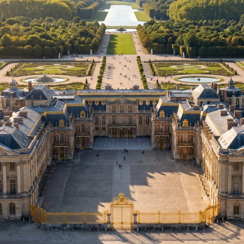 Aerial view of the Palace of Versailles featuring the golden Royal Gates, Hall of Mirrors wing, formal French gardens, fountains, and the Grand Canal on a clear sunny day