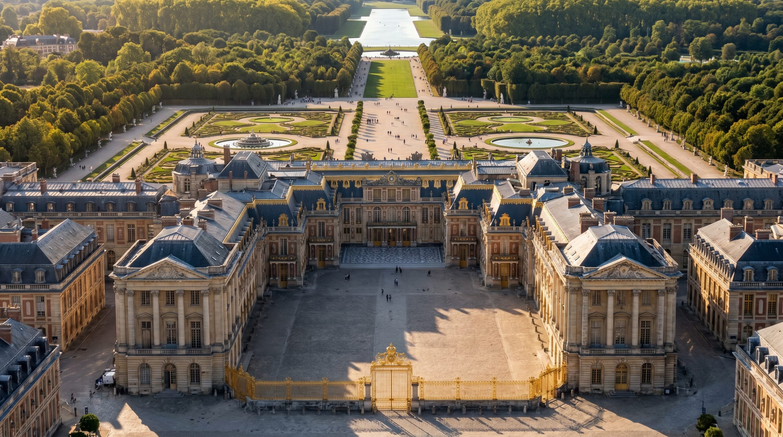 Aerial view of the Palace of Versailles featuring the golden Royal Gates, Hall of Mirrors wing, formal French gardens, fountains, and the Grand Canal on a clear sunny day