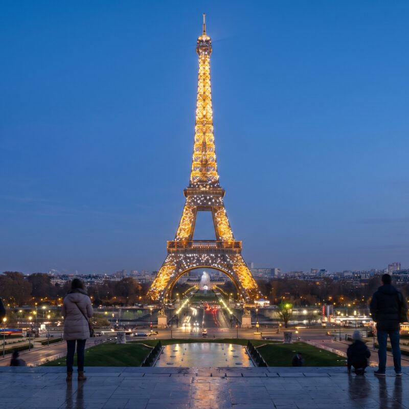 Best time to visit the Eiffel Tower, the tower sparkling with golden bulbs against the night sky
