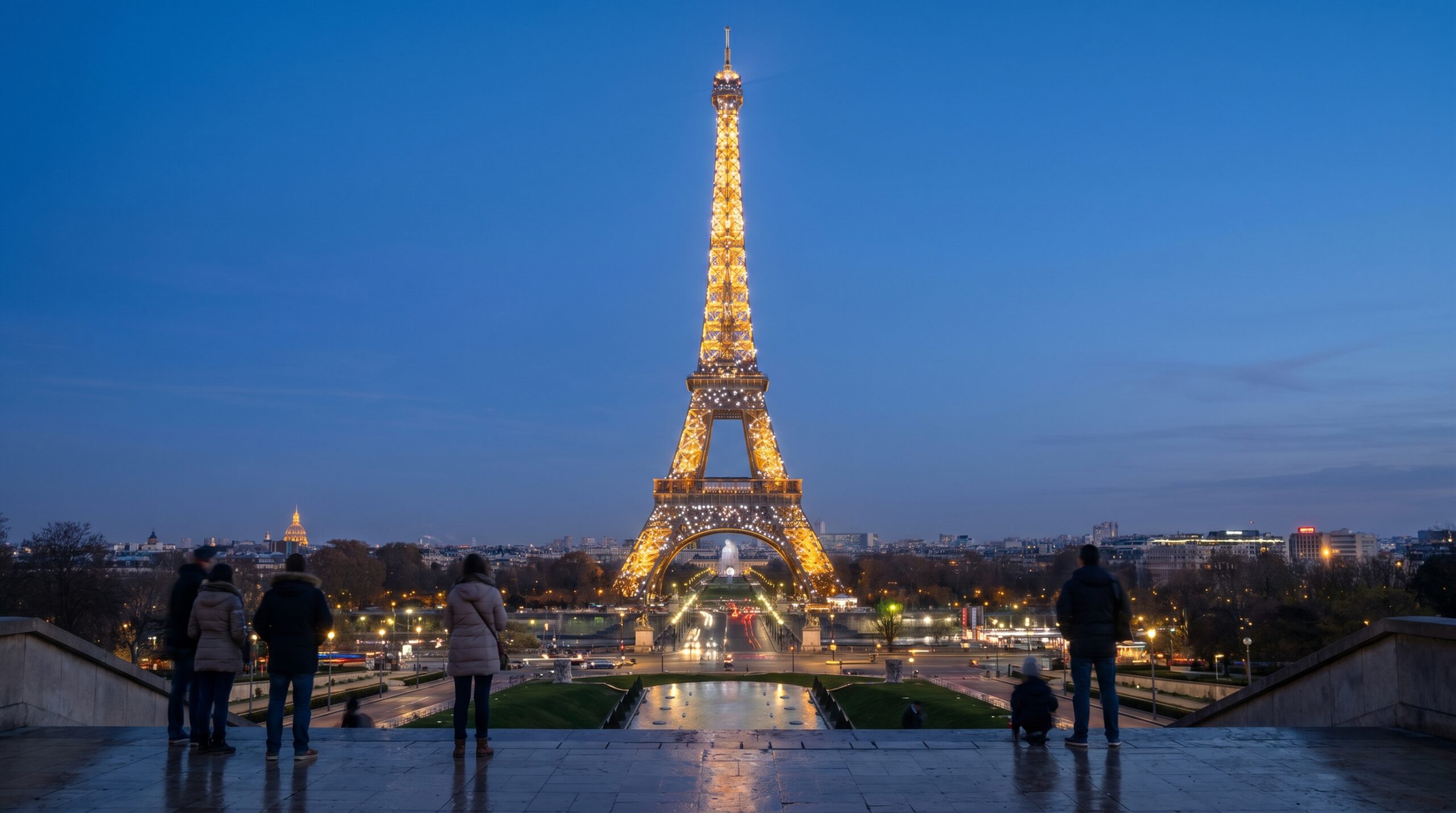 Best time to visit the Eiffel Tower, the tower sparkling with golden bulbs against the night sky