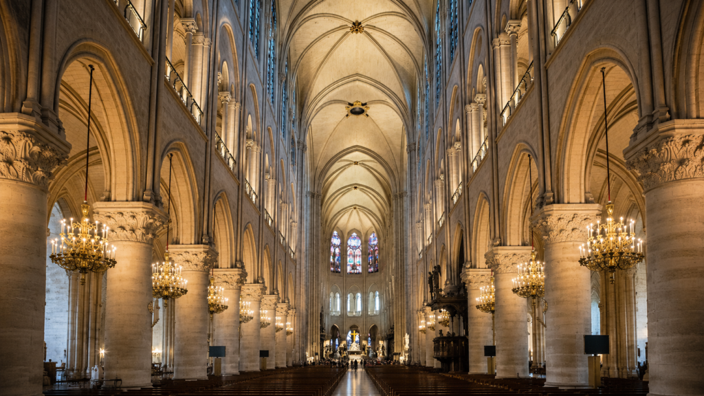 Notre-Dame interior design with the central nave