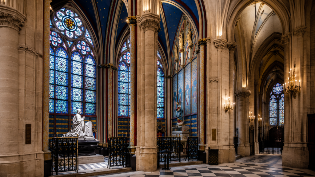 Medieval stone carvings inside Notre-Dame Cathedral