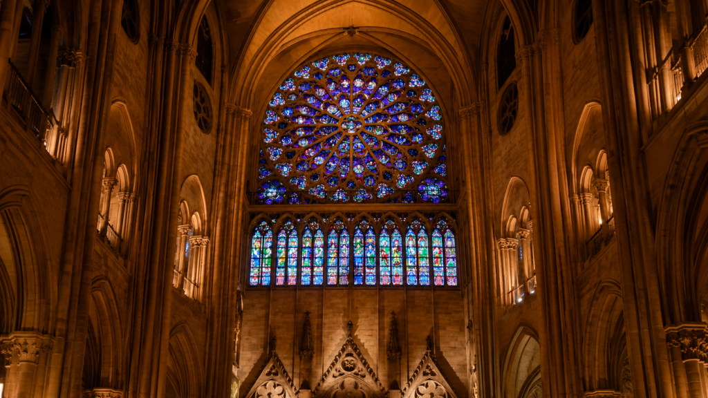 Notre-Dame stained glass windows inside the cathedral