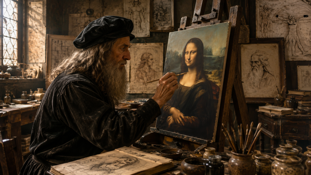 Historical illustration of Leonardo da Vinci painting the Mona Lisa in his workshop.